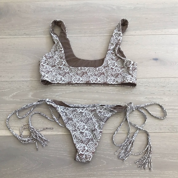 Acacia Java brown floral top and string bottoms set size Large L - Picture 4 of 4